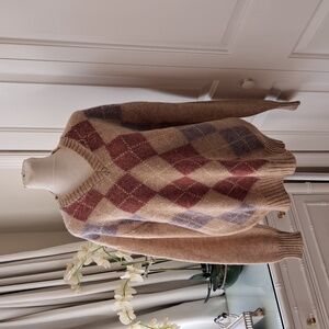 Alan Paine Mens Vintage English Shetland Wool Argyle Sweater Tan/Lilac/Rust‎ S-M